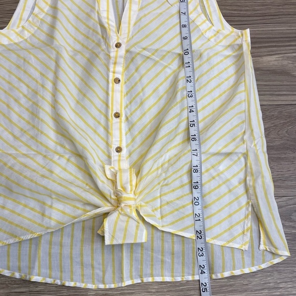 Maeve Butter Yellow & White Striped Button Up Tie Waist Sleeveless Blouse - Picture 8 of 9